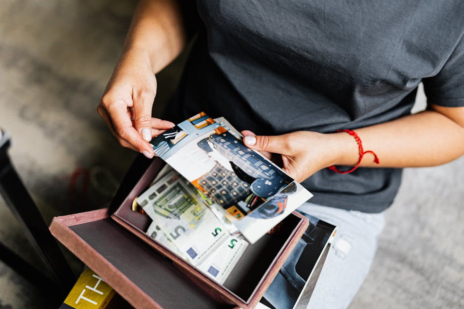 A woman holding photographs over a box with euro notes indoors. A person reviewing a financial report with charts and graphs, representing a financial snapshot.